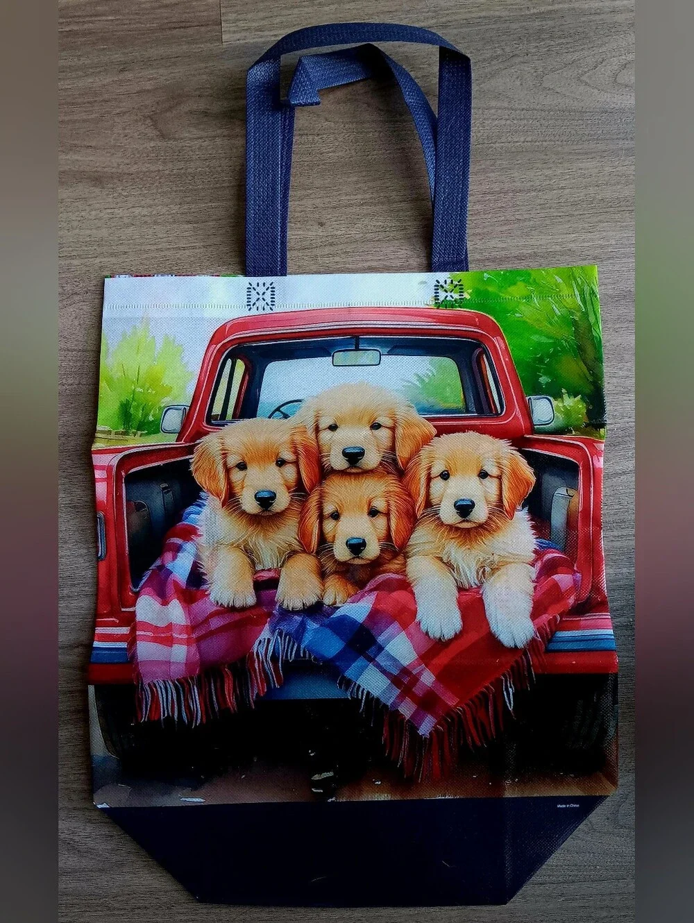 Reusable Tote Bag with Golden Retriever Puppies - Blue Handles
